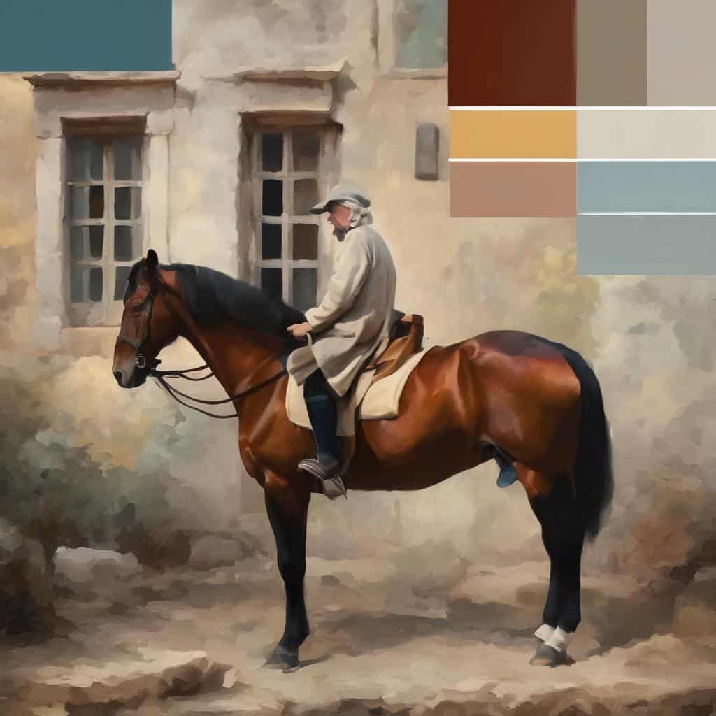 Ανδρας σε άλογο μπροστά σε παλιά πολυκατοικία, τέχνη φαντασίας, δημιουργικότητα, ζωγραφική, ιστορική ατμόσφαιρα.