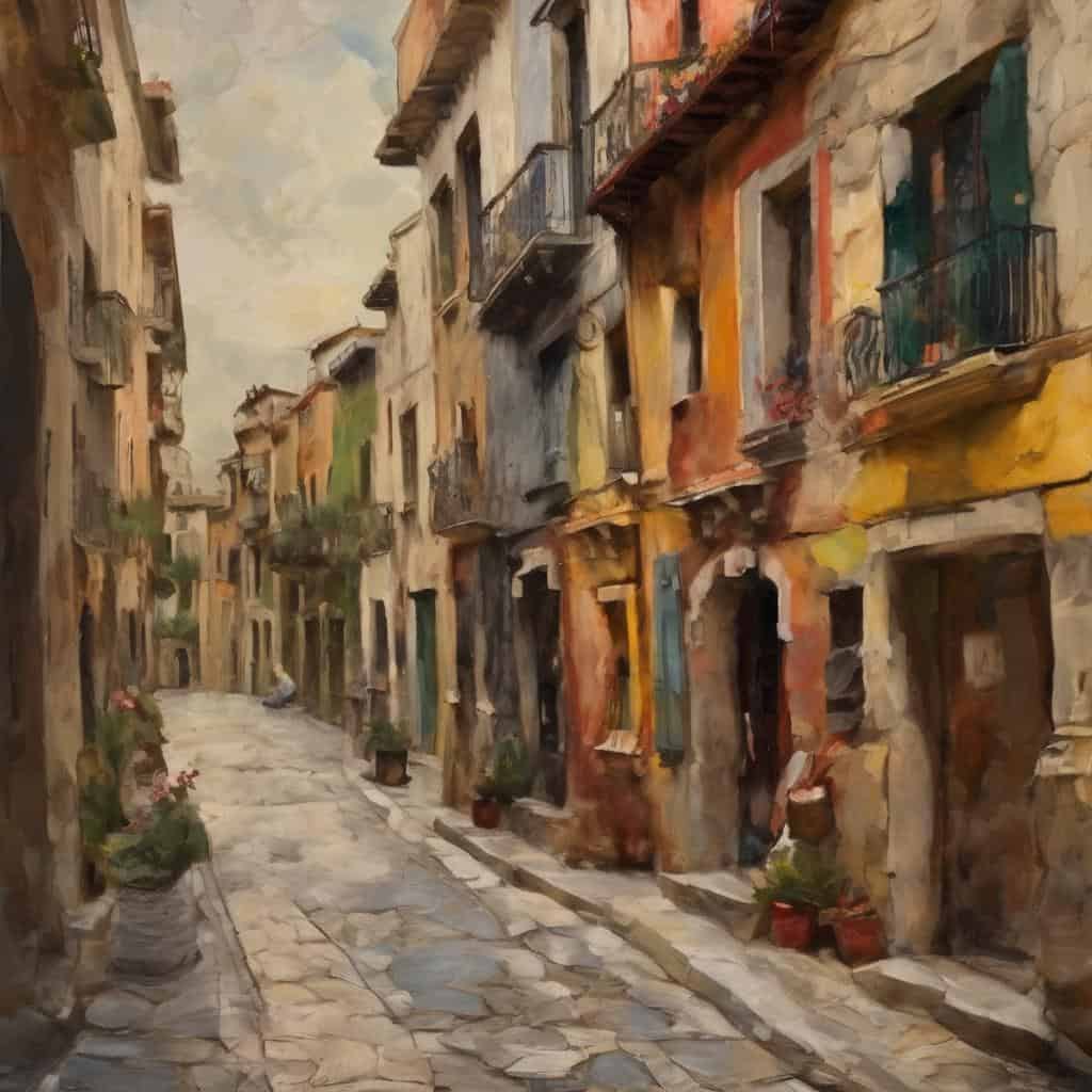 παλιά γειτονιά με πολύχρωμα κτίρια και μονοπάτι, τέχνη της φαντασίας και της δημιουργικότητας, ανθρώπινη κατοικία, αρτ ντεκό, αστικό τοπίο, ζωγραφική.