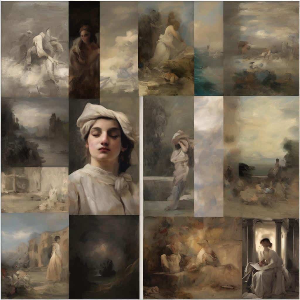 Ουράνια ζωγραφική τέχνη με ανθρώπινες φιγούρες και φυσικά τοπία, δείχνει τη φαντασία και δημιουργικότητα στην τέχνη.