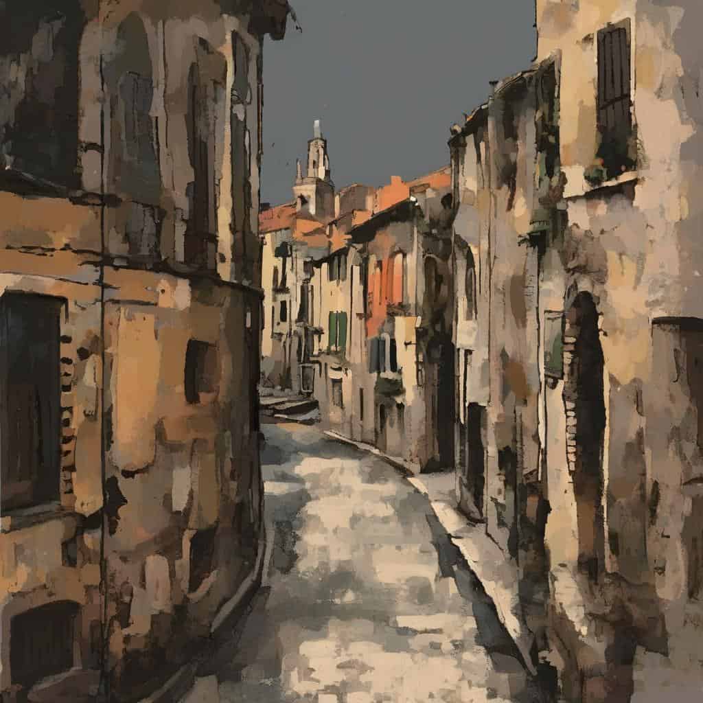 Αναμνηστικό σκίτσο παλαιάς πόλης, τέχνη φαντασίας και δημιουργικότητας, γραφική άποψη στενάκια.