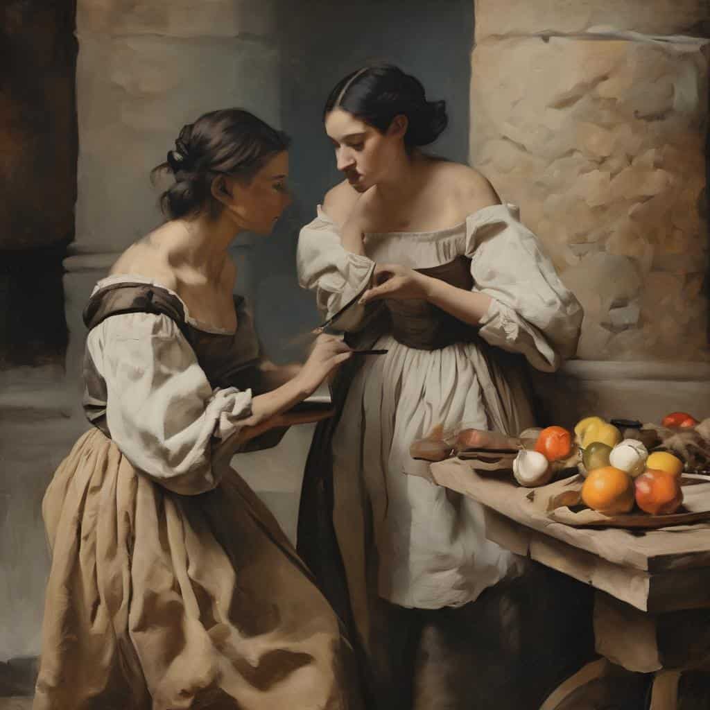 Μεσαιωνική γυναίκες σε κουζίνα φαντασίας, τέχνη δημιουργικότητας και φαντασίας.